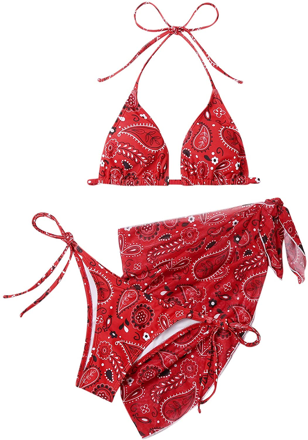 SOLY HUX Women'S Tie Dye Wrap Bikini Bathing Suits with Mesh Beach Skirt 3 Piece Swimsuits Apparel & Accessories > Clothing > Underwear & Socks > Lingerie KYLIE MAX Red Paisley Medium