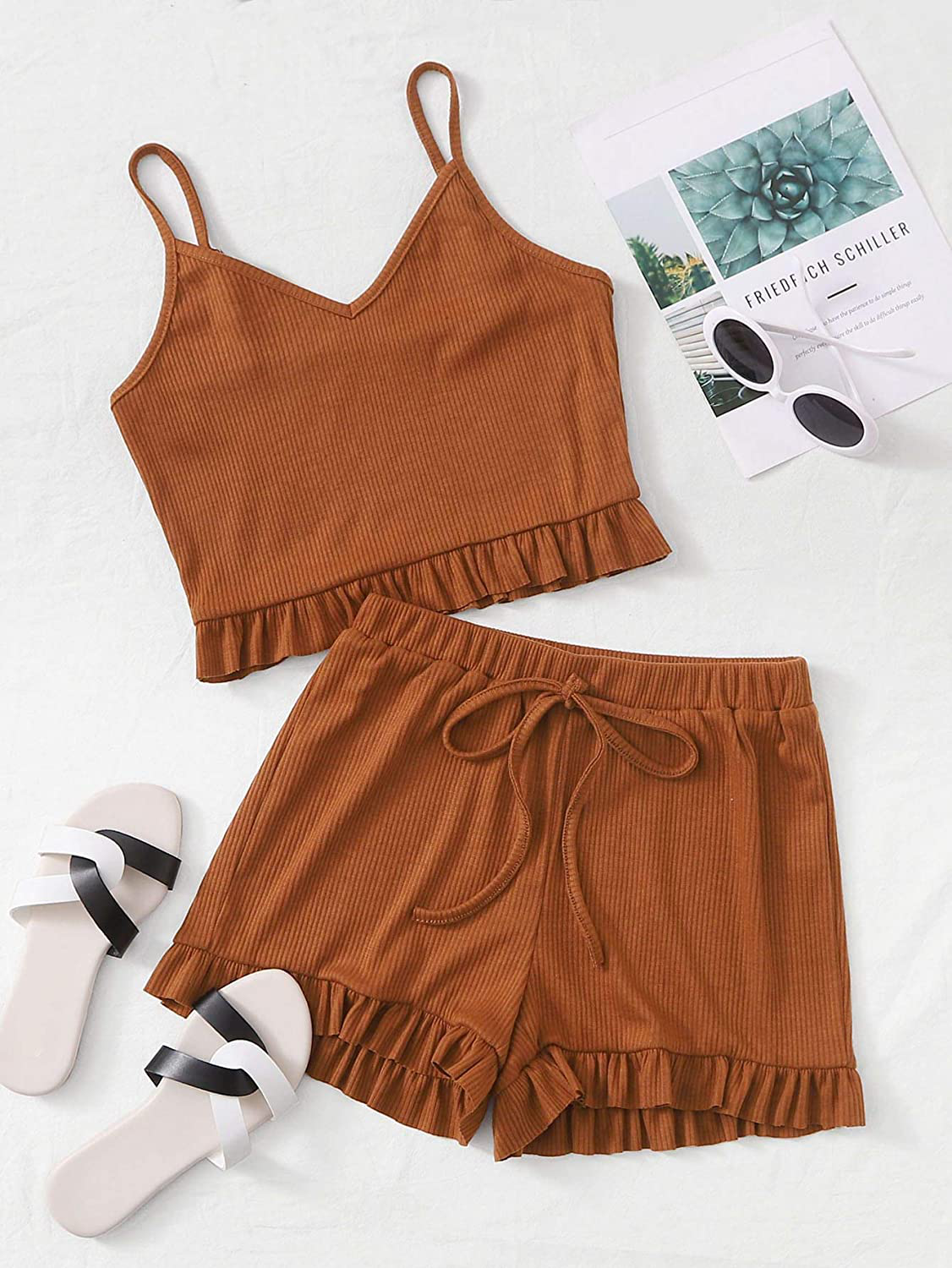 Sweatyrocks Women'S Suit Two Piece Outfits Sleeveless Crop Cami Top and Shorts Set Apparel & Accessories > Clothing > Sleepwear & Loungewear Kylie Max