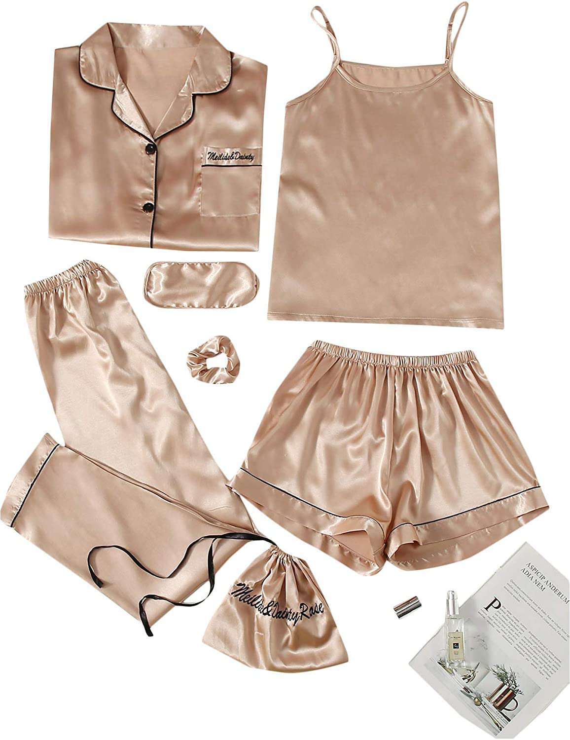 Shein Women'S 7Pcs Printed Cami and Shorts Satin Pajama Set with Shirt and Eye Mask Apparel & Accessories > Clothing > Sleepwear & Loungewear Kylie Max