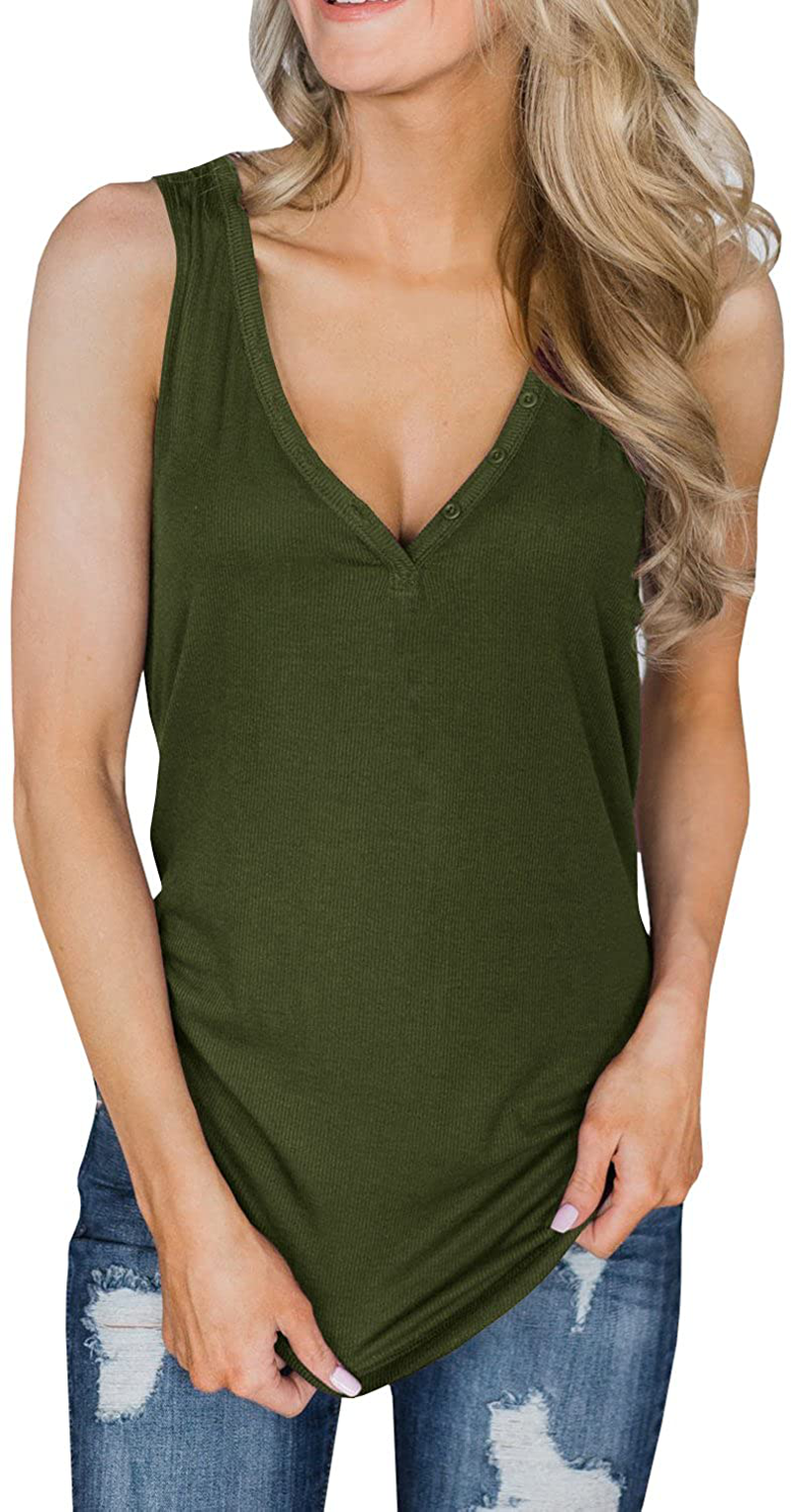 Dellytop Womens V Neck Tank Tops Sleeveless Henley Shirts Button up Ribbed Long Tunic Tees Apparel & Accessories > Clothing > Activewear Kylie Max