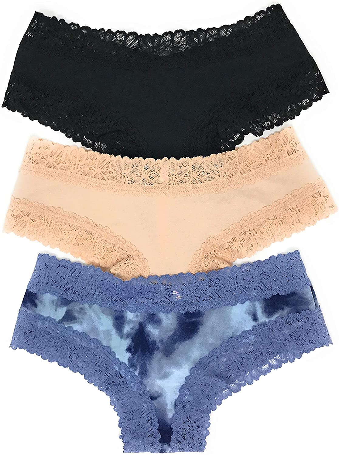 Victoria'S Secret Pink Cheekster Panty Set of 3 Victoria's Secret Lace Trim Black / Nude / Blue Tie Dye Medium