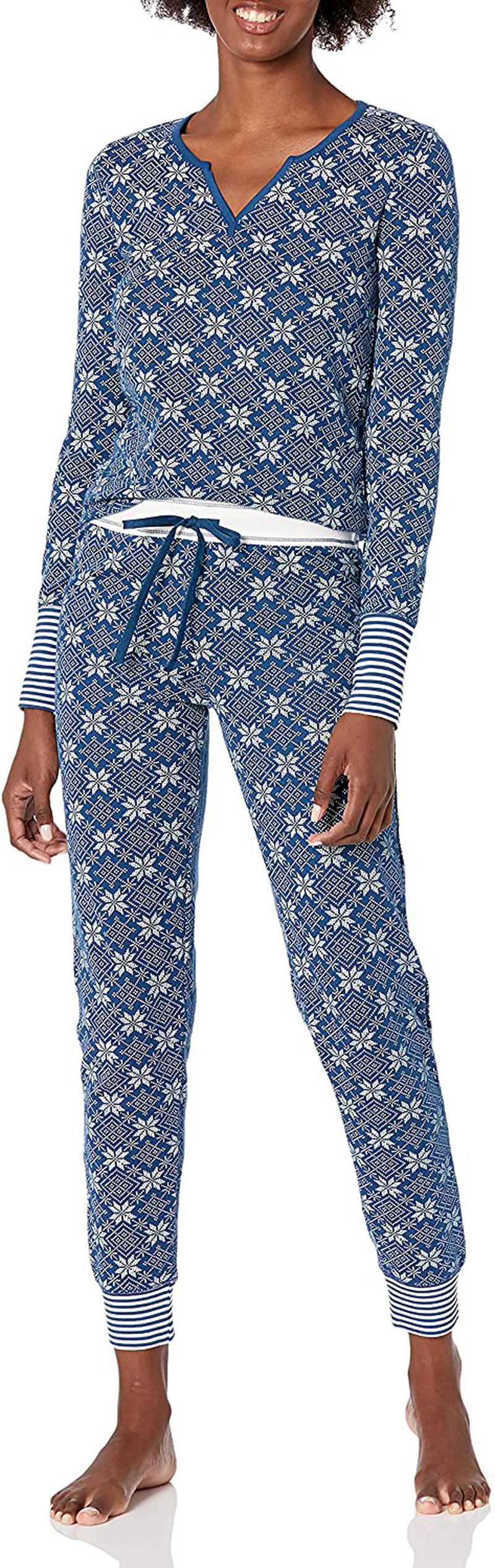 Mae Women's Vintage Thermal Henley Long Sleeve Top with Jogger Pajama Set Apparel & Accessories > Clothing > Sleepwear & Loungewear > Pajamas Mae Blue Fair Isle Large