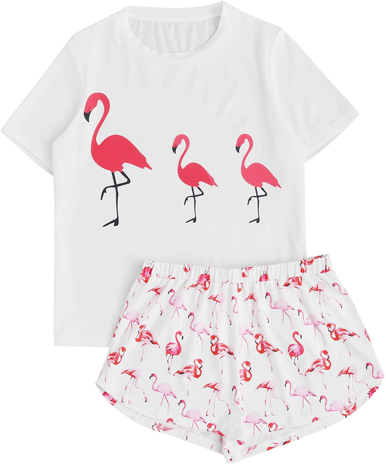 DIDK Women's Cute Cartoon Print Tee and Shorts Pajama Set Apparel & Accessories > Clothing > Sleepwear & Loungewear > Pajamas DIDK Flamingo White Large