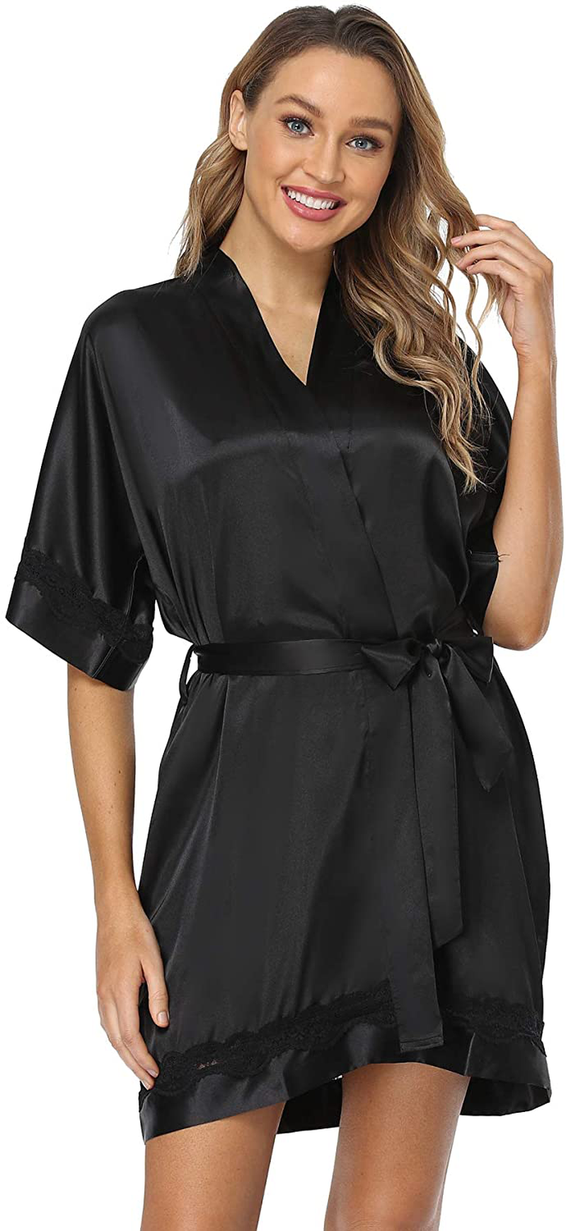 The Bund Women'S Short Robes Lace Bride Bridesmaids Sexy Bathrobe Satin Spa Robe Pure Color Apparel & Accessories > Clothing > Sleepwear & Loungewear > Robes The Bund Z-black Large