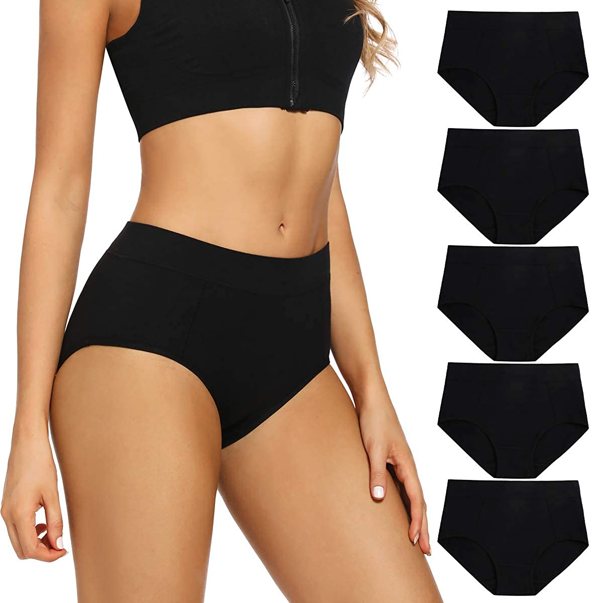 POKARLA Women'S Cotton Stretch Underwear Ladies Mid-High Waisted Briefs Panties 5-Pack Apparel & Accessories > Clothing > Underwear & Socks > Underwear POKARLA Black Medium