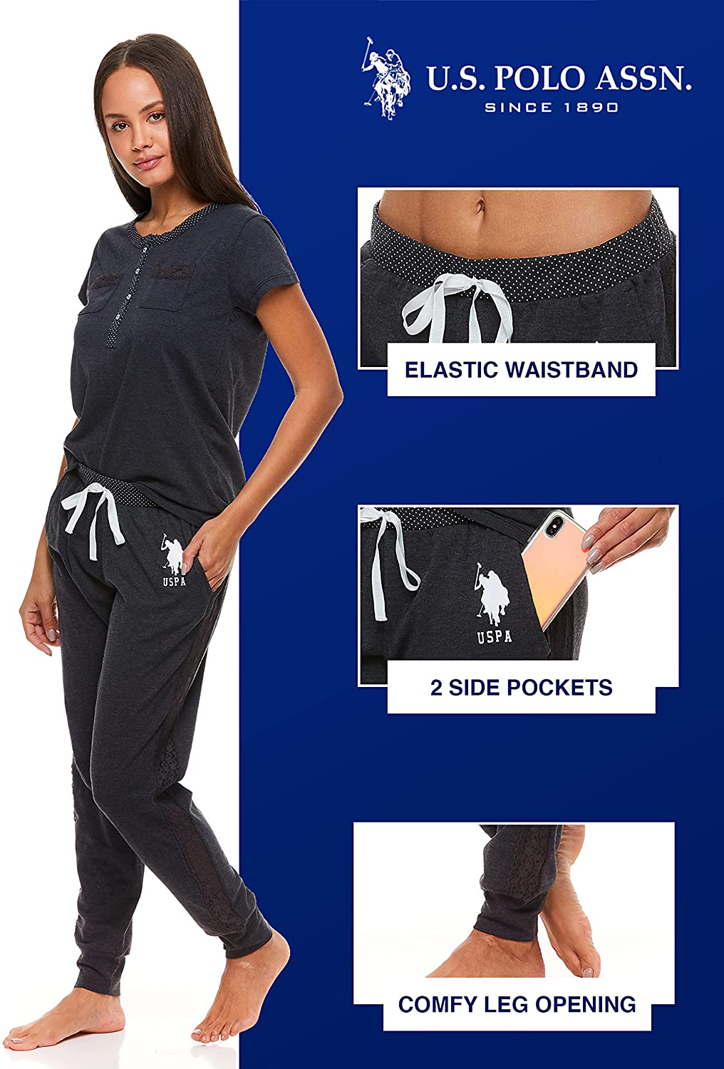 U.S. Polo Assn. Womens Pajama Set with Pockets - Short Sleeve Shirt and Pajama Pants Pj Set Apparel & Accessories > Clothing > Sleepwear & Loungewear > Pajamas U.S. Polo Assn.