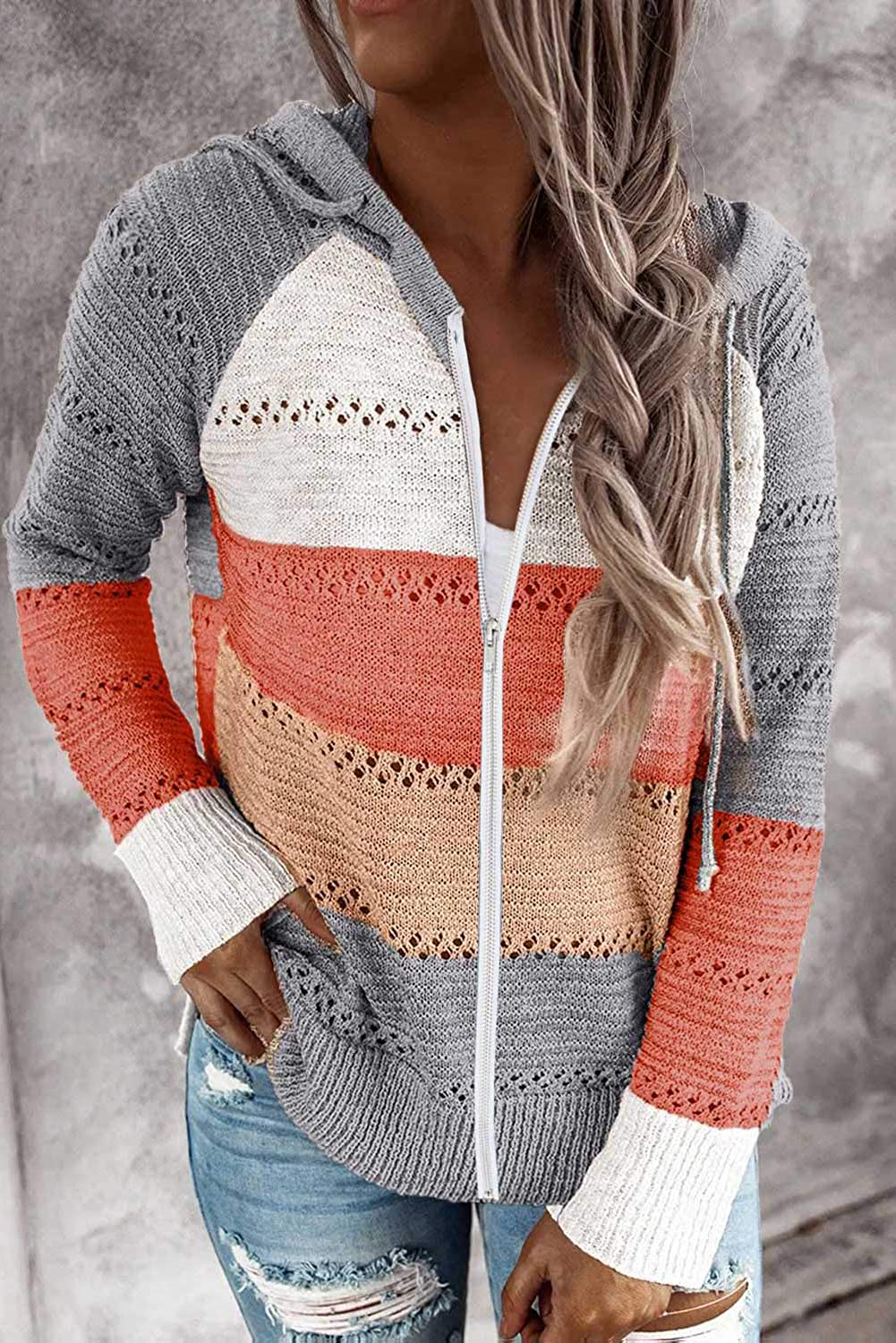 BTFBM Women Zip up Striped Hoodies Jackets Color Block Print Long Sleeve Drawstring Stretchy Casual Pullover Sweatshirts Apparel & Accessories > Clothing > Activewear Kylie Max