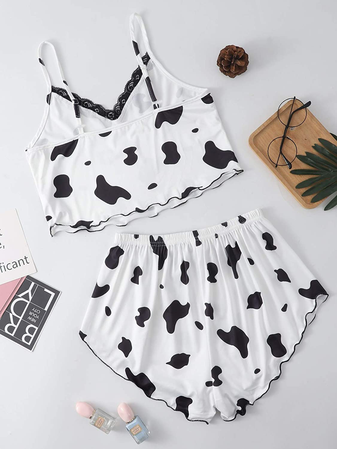 Shein Women'S Cow Print Sleepwear Lace Frill Trim Crop Cami Top and Shorts Pajama Set Apparel & Accessories > Clothing > Sleepwear & Loungewear Kylie Max