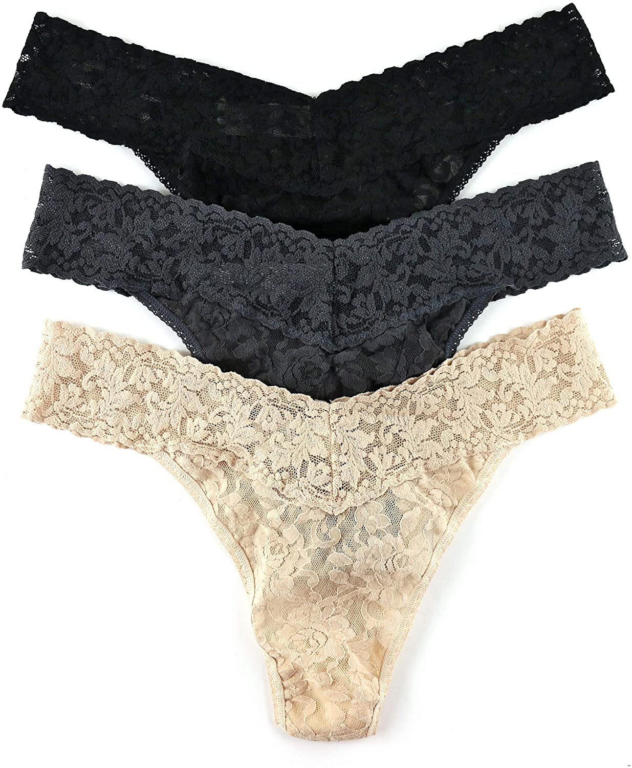 hanky panky, Signature Lace Original Rise Thong 3 Pack, One Size (4-14) Apparel & Accessories > Clothing > Underwear & Socks > Underwear hanky panky Black, Granite, Chai One Size