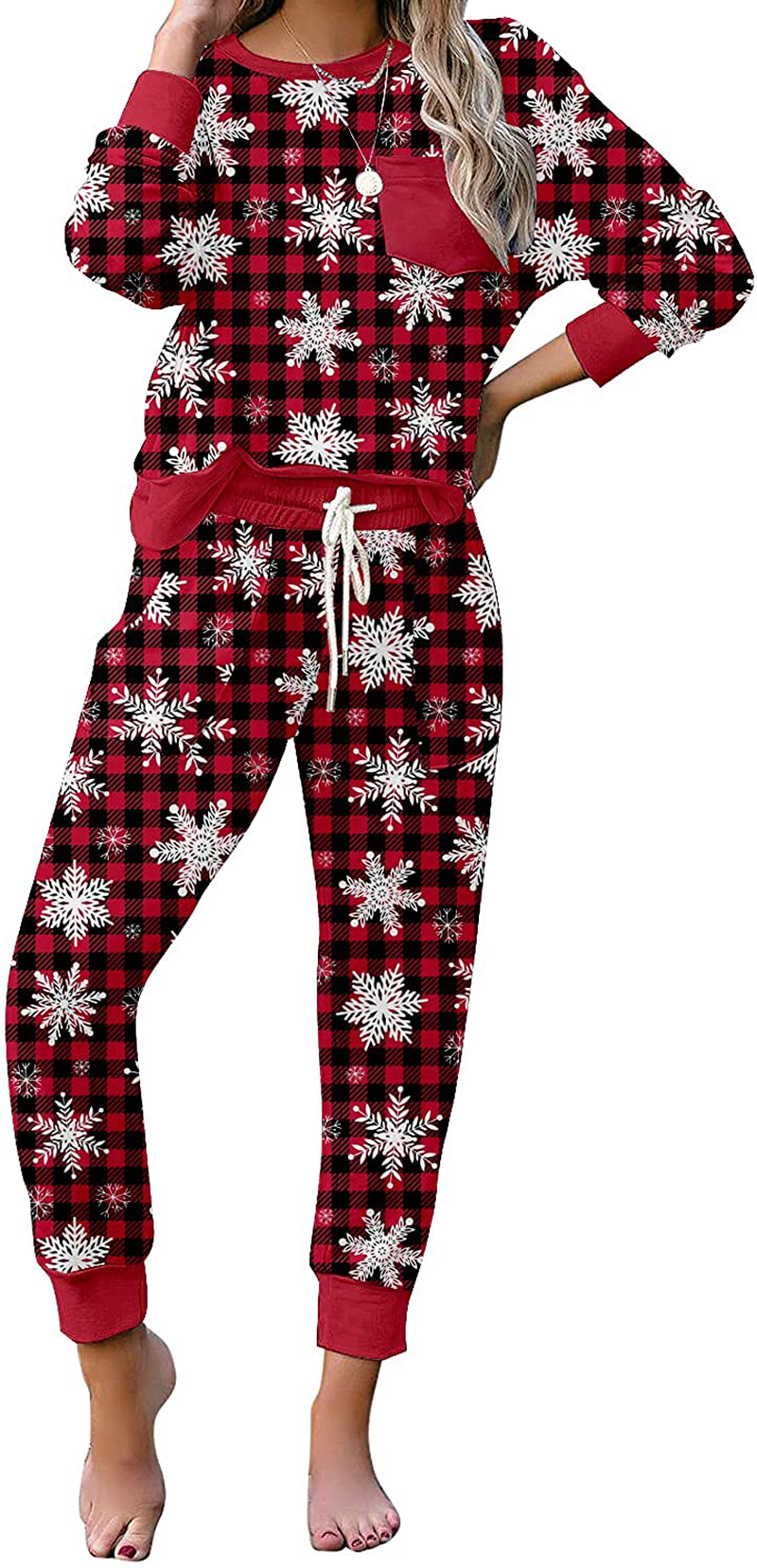 luvamia Women Tie Dye Pajama Sets Long Sleeve Tops and Pants PJ Sets Joggers Loungewear Sleepwear Apparel & Accessories > Clothing > Sleepwear & Loungewear > Pajamas KYLIE MAX A Red Plaid Christmas Snowflake Small