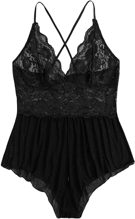 SOLY HUX Women's Plus Size Floral Lace Mesh Cross Back Lingerie Teddy Bodysuit Apparel & Accessories > Clothing > Underwear & Socks > Lingerie SOLY HUX Black 4X-Large Plus