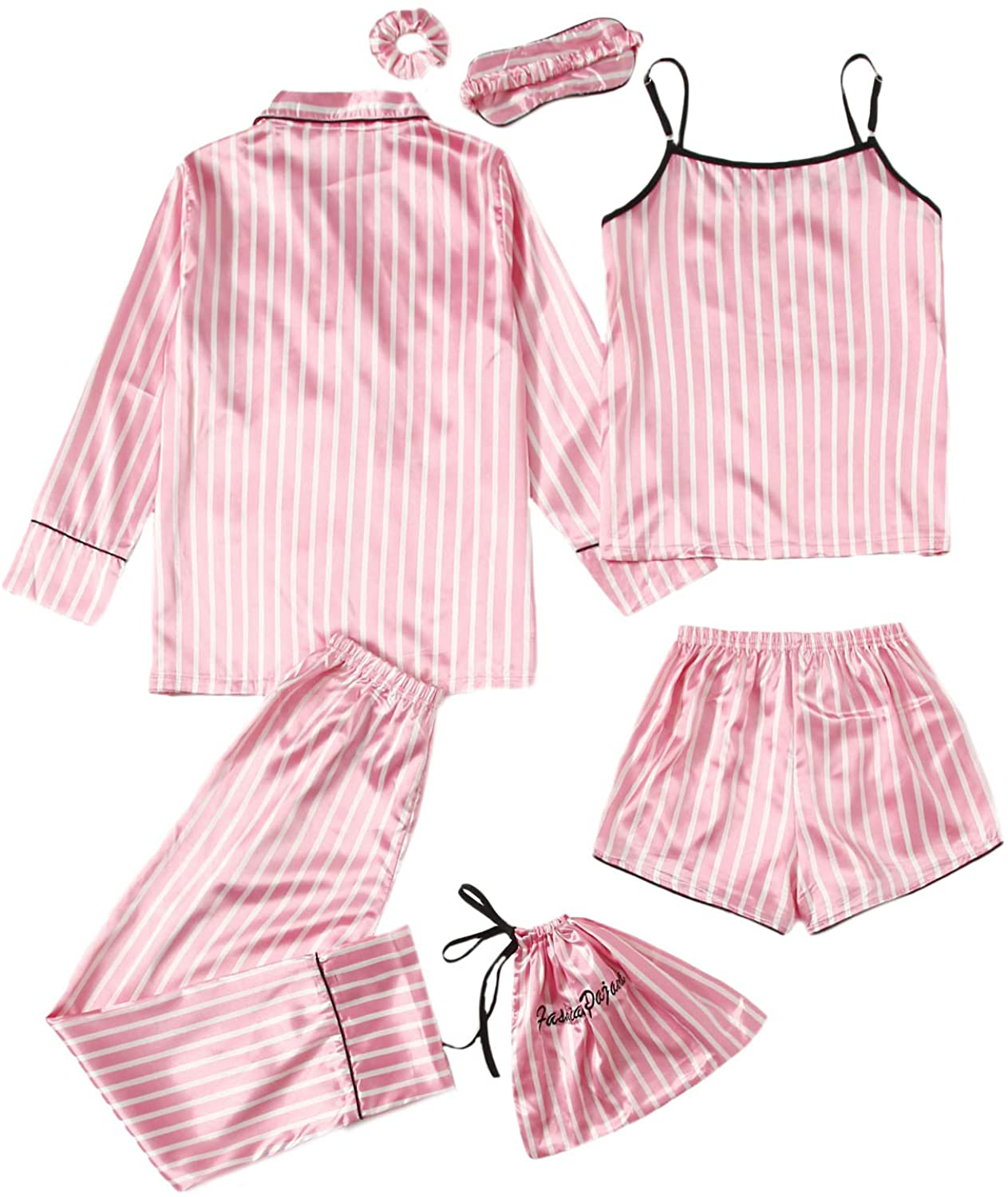 DIDK Women'S Satin 7Pcs Pajama Set Cami Pjs with Shirt and Eye Mask Sleepwear Apparel & Accessories > Clothing > Sleepwear & Loungewear Kylie Max