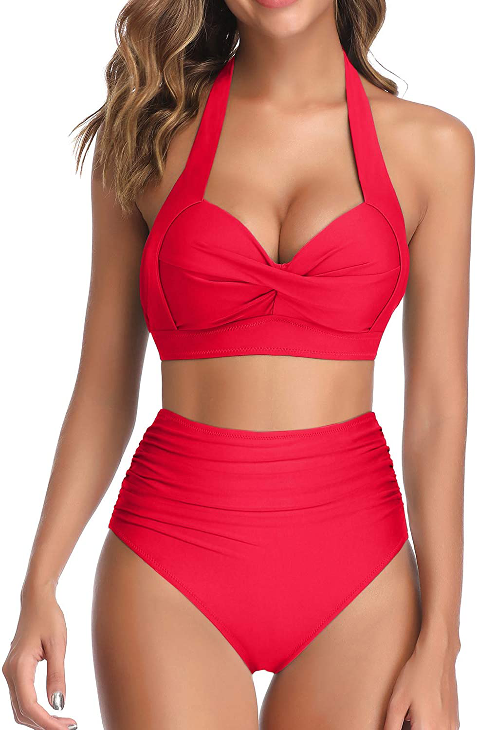 Tempt Me Women Vintage Swimsuit Two Piece Retro Halter Ruched High Waist Bikini Apparel & Accessories > Clothing > Swimwear KYLIE MAX Neon Red X-Small