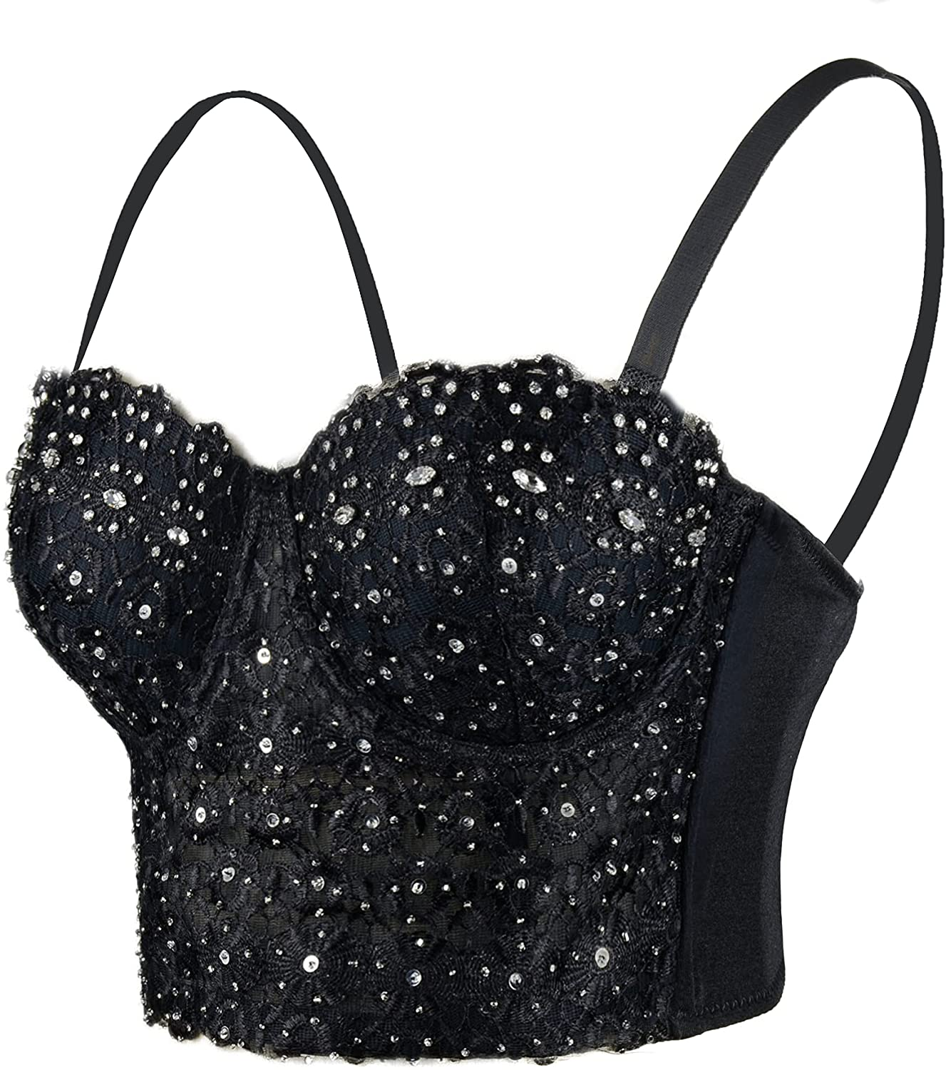 ELLACCI Women'S Natural Reigning Lace Rhinestone Bustier Crop Top Sexy Mesh Corset Top Bra Black Apparel & Accessories > Clothing > Underwear & Socks > Lingerie ELLACCI Large
