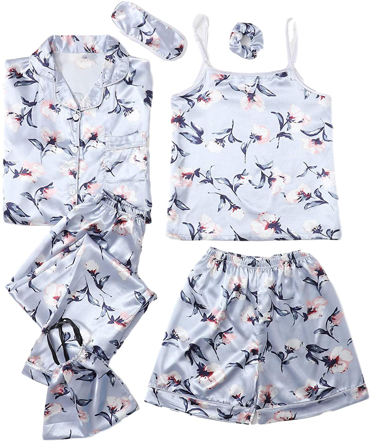 SheIn Women's 7pcs Pajama Set Cami Pjs with Shirt and Eye Mask Apparel & Accessories > Clothing > Sleepwear & Loungewear > Pajamas SheIn Baby Blue Large