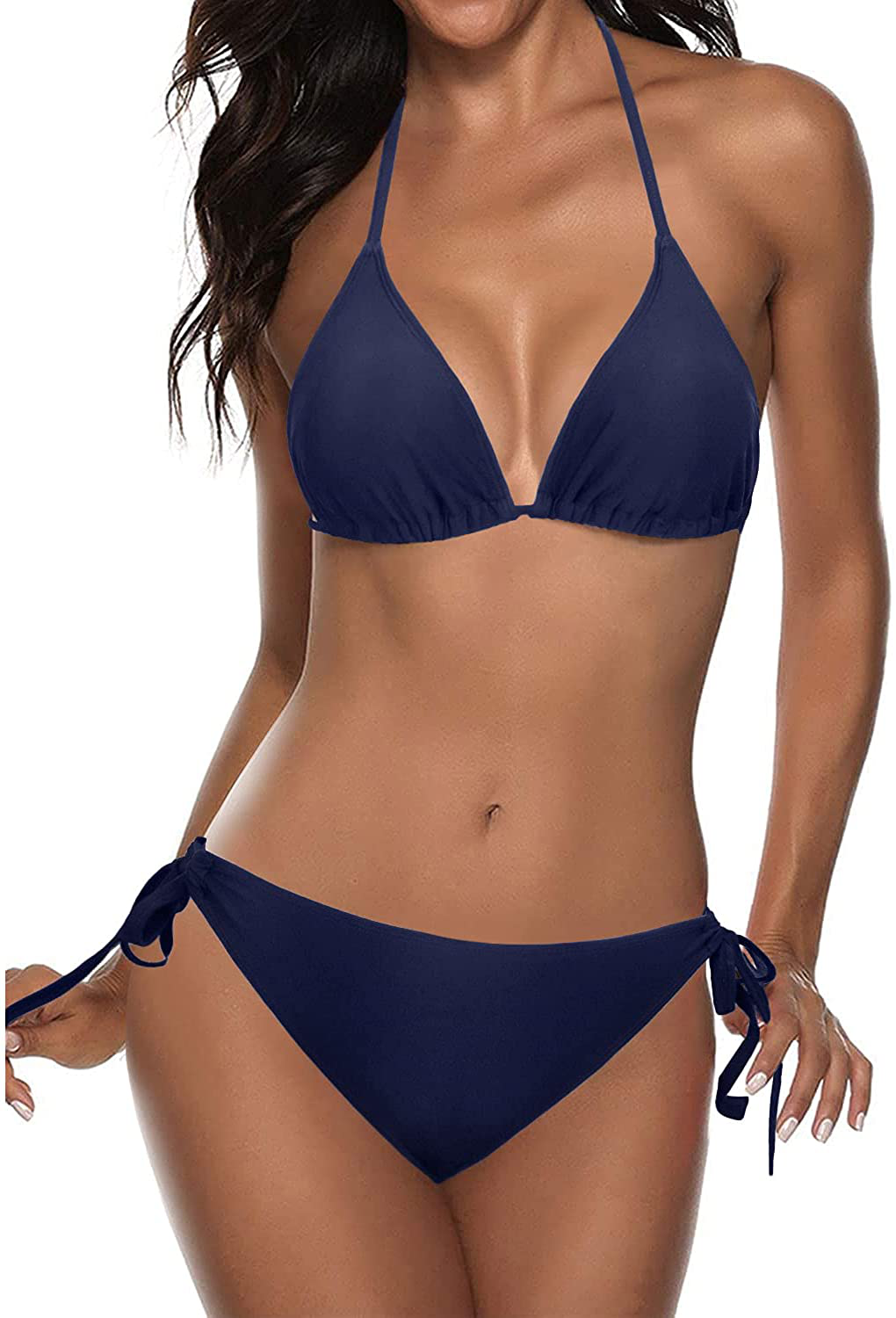 Tempt Me Women Two Piece Halter Padded Top Tie Side Bottom Triangle Bikini Bathing Suit Apparel & Accessories > Clothing > Swimwear Tempt Me Navy Blue X-Small