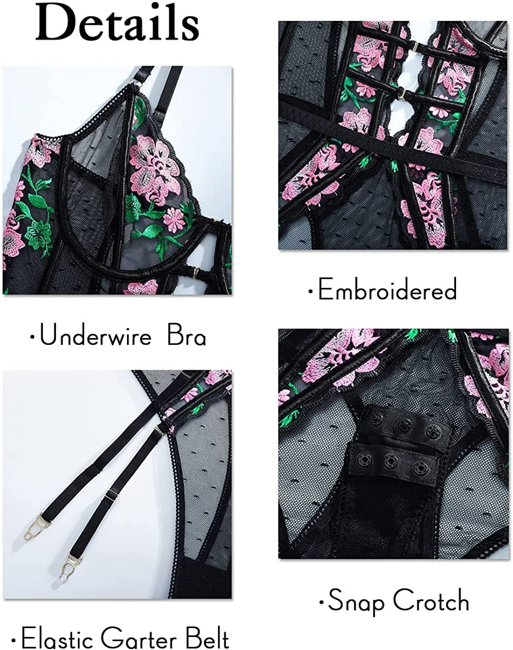 Teddy Lingerie for Women,Embroidered Sexy Floral Lace Bodysuit,Snap Crotch One Piece Body Suit Apparel & Accessories > Clothing > Underwear & Socks > Lingerie Kaei&Shi