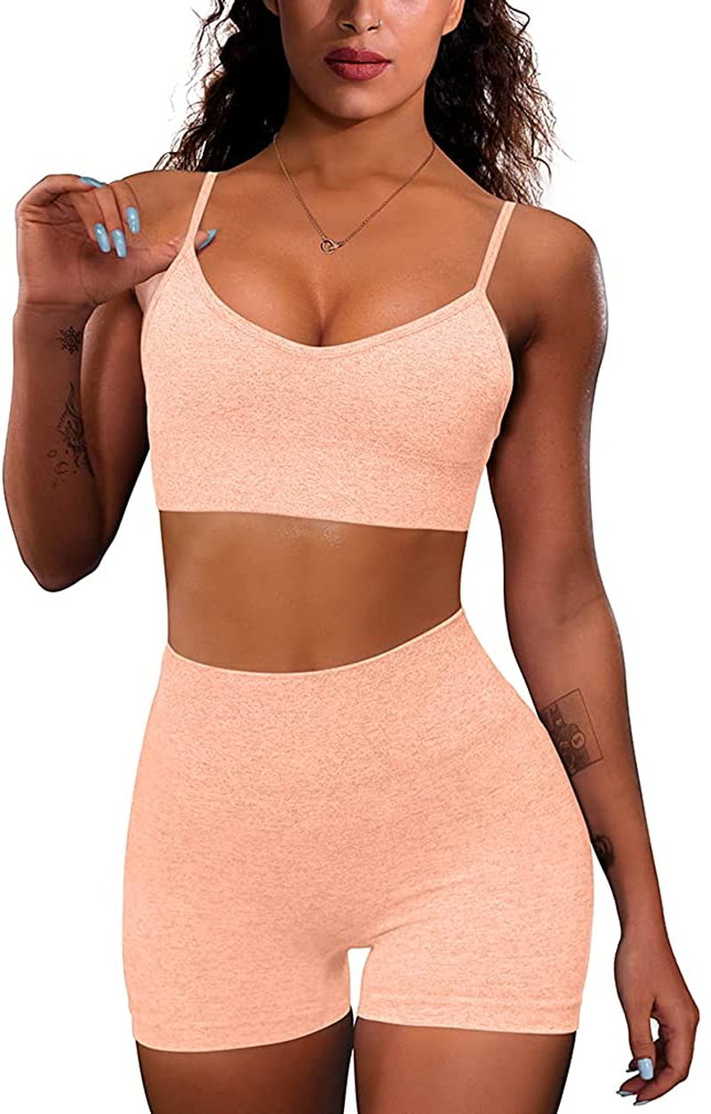 OQQ Yoga Outfit for Women Seamless 2 Piece Workout Gym High Waist Leggings with Sport Bra Set Apparel & Accessories > Clothing > Underwear & Socks > Lingerie HZSN A: Pink Large