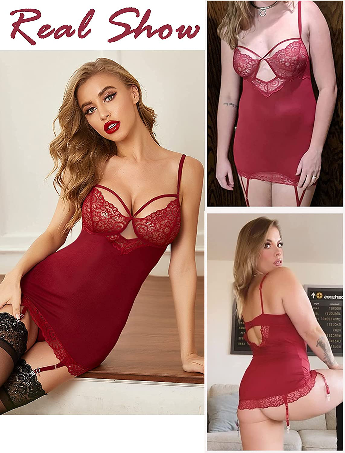 Avidlove Women Lingerie Teddy Bodysuit with Garter Belt Lace Babydoll Full Slips No Stockings Apparel & Accessories > Clothing > Underwear & Socks > Lingerie Kylie Max