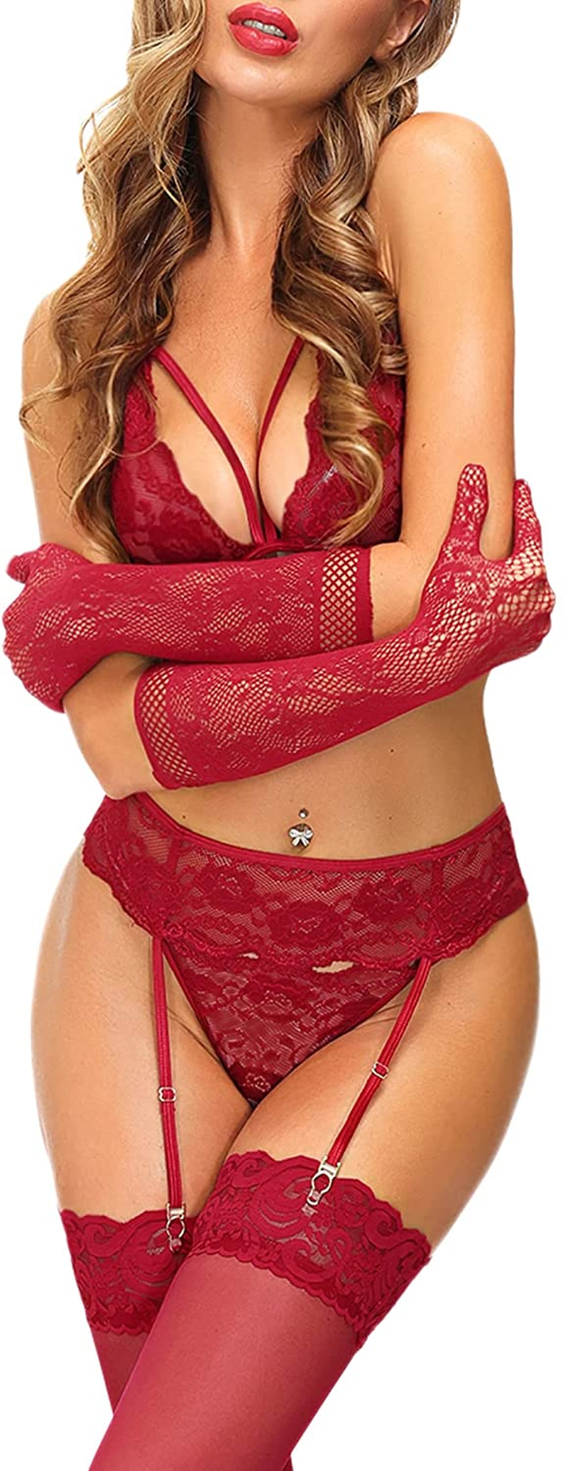 Women Lingerie with Stockings and Gloves, Sexy Garter Belt Lingerie Set Apparel & Accessories > Clothing > Underwear & Socks > Lingerie Lidogirl Red XX-Large