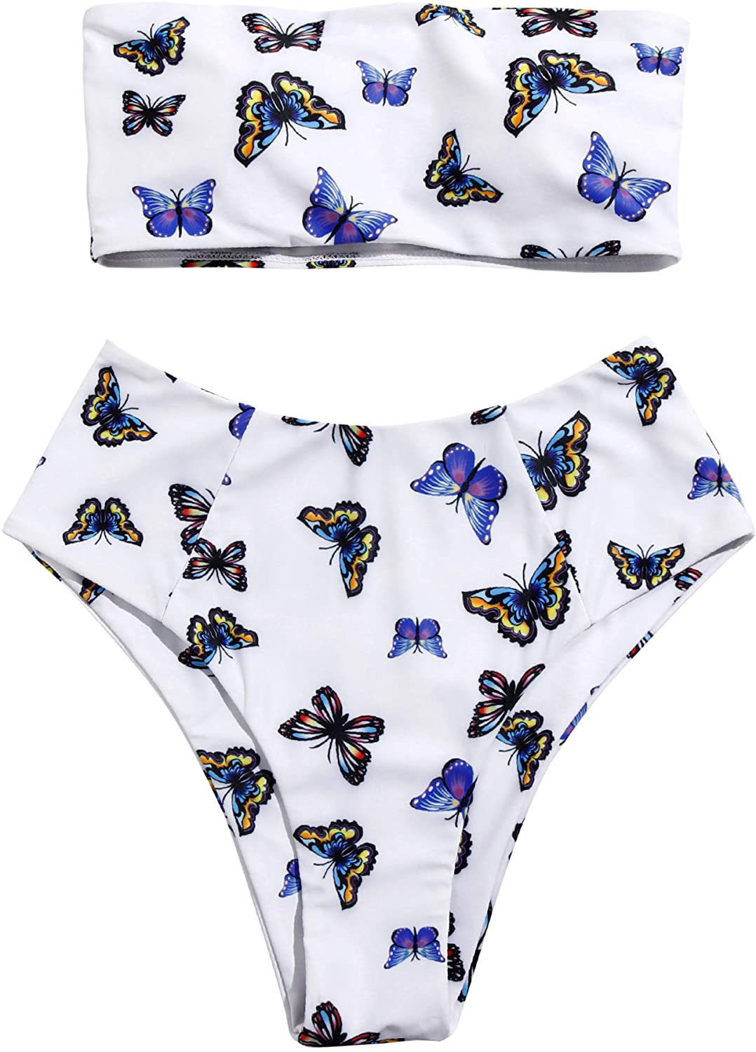 OMKAGI Women's 2 Pieces Bandeau Bikini Swimsuits Off Shoulder High Waist Bathing Suit High Cut Apparel & Accessories > Clothing > Swimwear OMKAGI 5-butterfly Medium