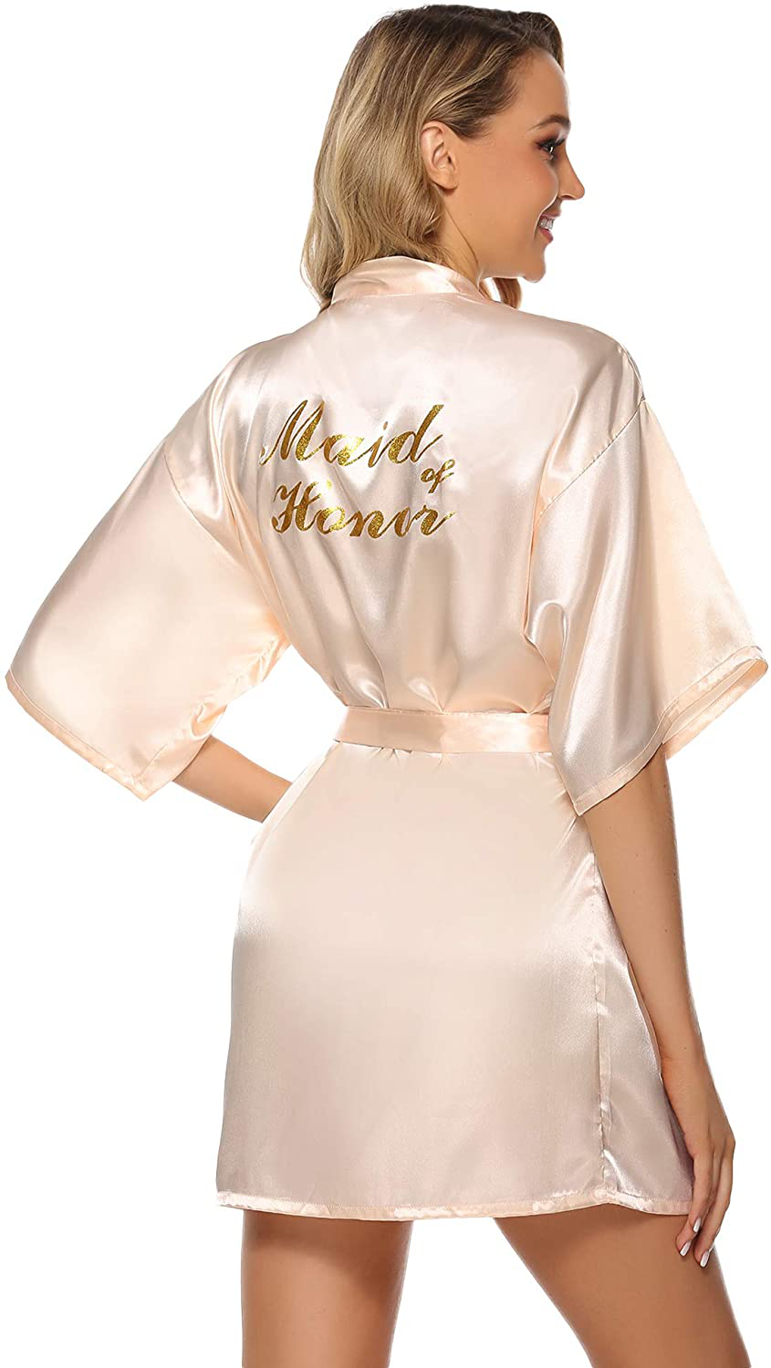 Vlazom Women'S Satin Robe Short Kimono for Bride & Bridesmaid Wedding Party Robes with Gold Glitter or Rhinestones Apparel & Accessories > Clothing > Sleepwear & Loungewear > Robes KYLIE MAX Champagne (Maid of Honor) Large