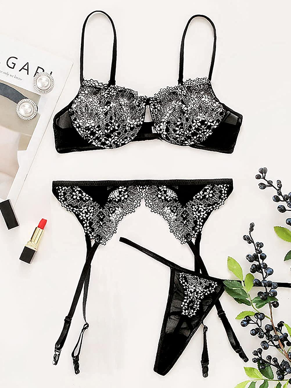 Kaei&Shi Shimmer Floral Lace, Underwire Keyhole, Scalloped Lace Belt, 3 Piece Lingerie Set Apparel & Accessories > Clothing > Underwear & Socks > Lingerie Kaei&Shi