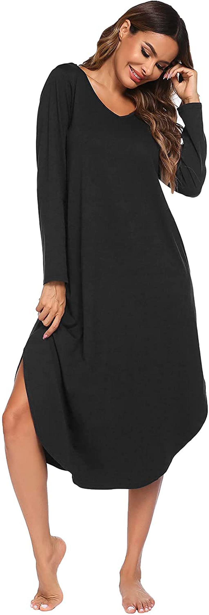 Ekouaer Nightgowns Womens V Neck Nightshirts Long Sleeve Sleepwear plus Size Night Wear S-XXL Apparel & Accessories > Clothing > Sleepwear & Loungewear > Nightgowns Kylie Max