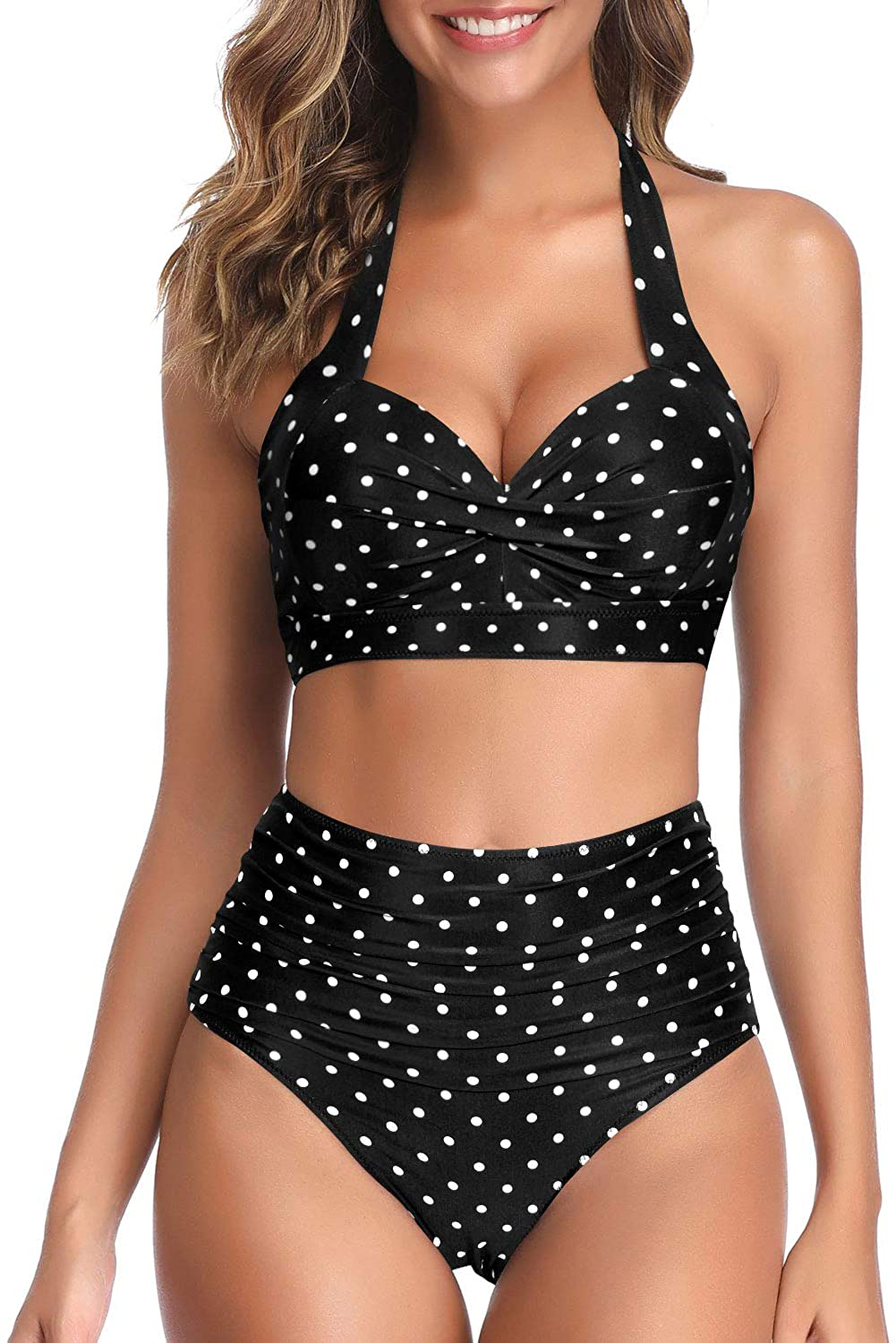 Tempt Me Women Vintage Swimsuit Two Piece Retro Halter Ruched High Waist Bikini Apparel & Accessories > Clothing > Swimwear KYLIE MAX Black Little Dot X-Small
