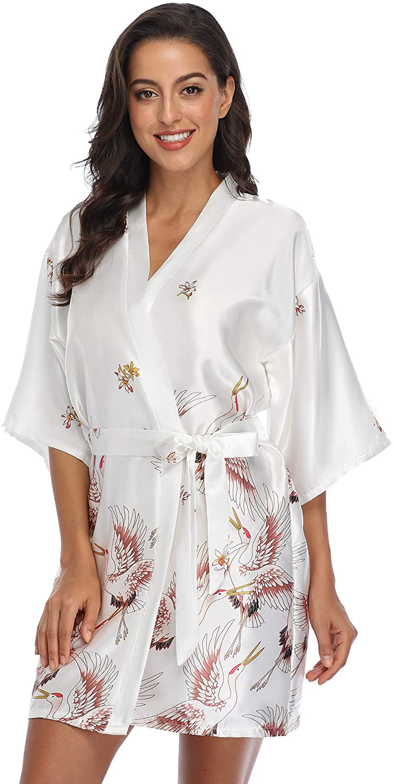 Original Kimono Women'S Floral Crane Kimono Robe Short Silky Sleepwear plus Size Satin Spa Party Dressing Gown Apparel & Accessories > Clothing > Sleepwear & Loungewear > Robes Original Kimono White X-Large