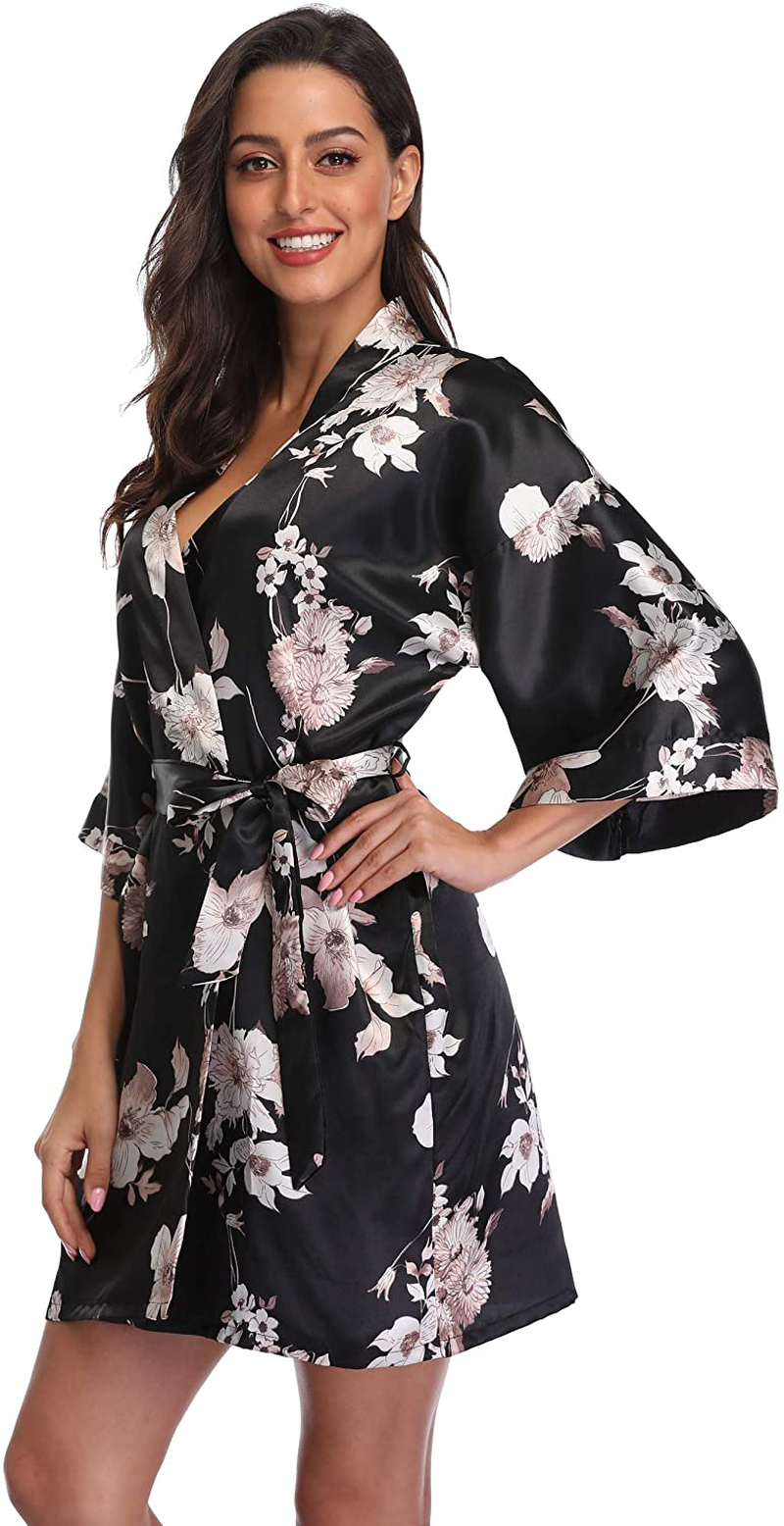 Season Dressing Women Floral Robes Bridesmaids Short Satin Kimono Sleepwear for Wedding Party Apparel & Accessories > Clothing > Sleepwear & Loungewear > Robes season dressing Black Small
