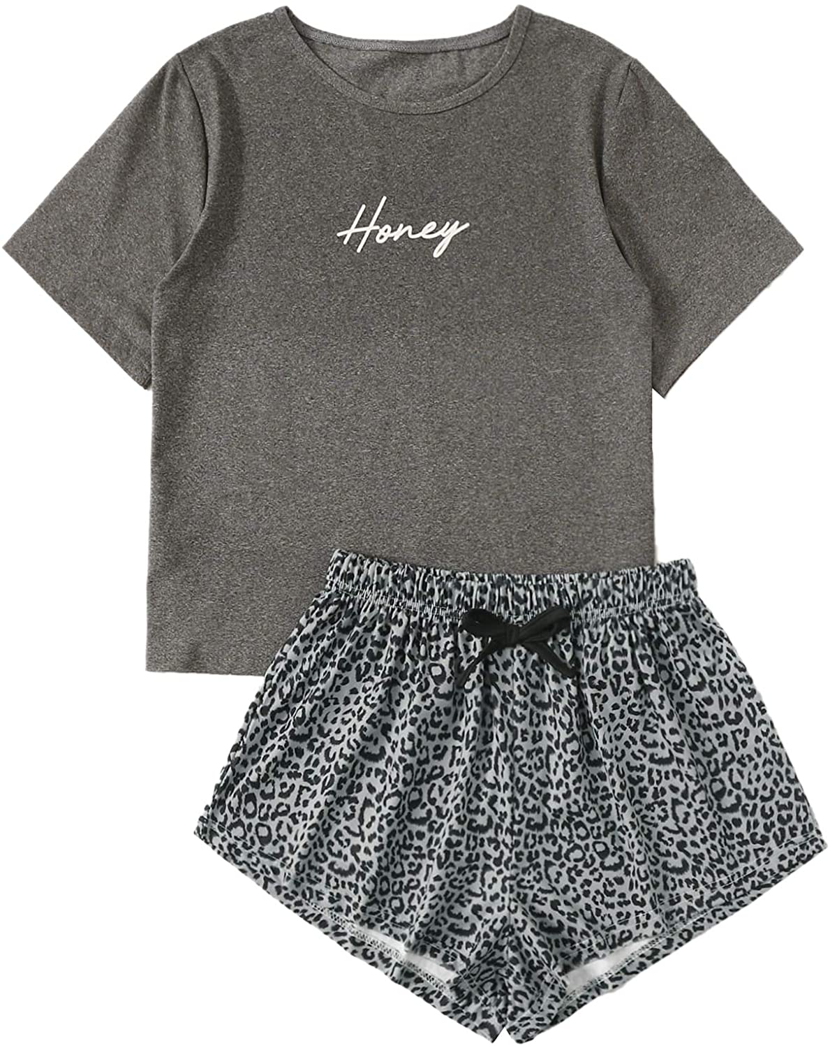 DIDK Women's Cute Cartoon Print Tee and Shorts Pajama Set Apparel & Accessories > Clothing > Sleepwear & Loungewear > Pajamas DIDK Grey Leopard X-Small