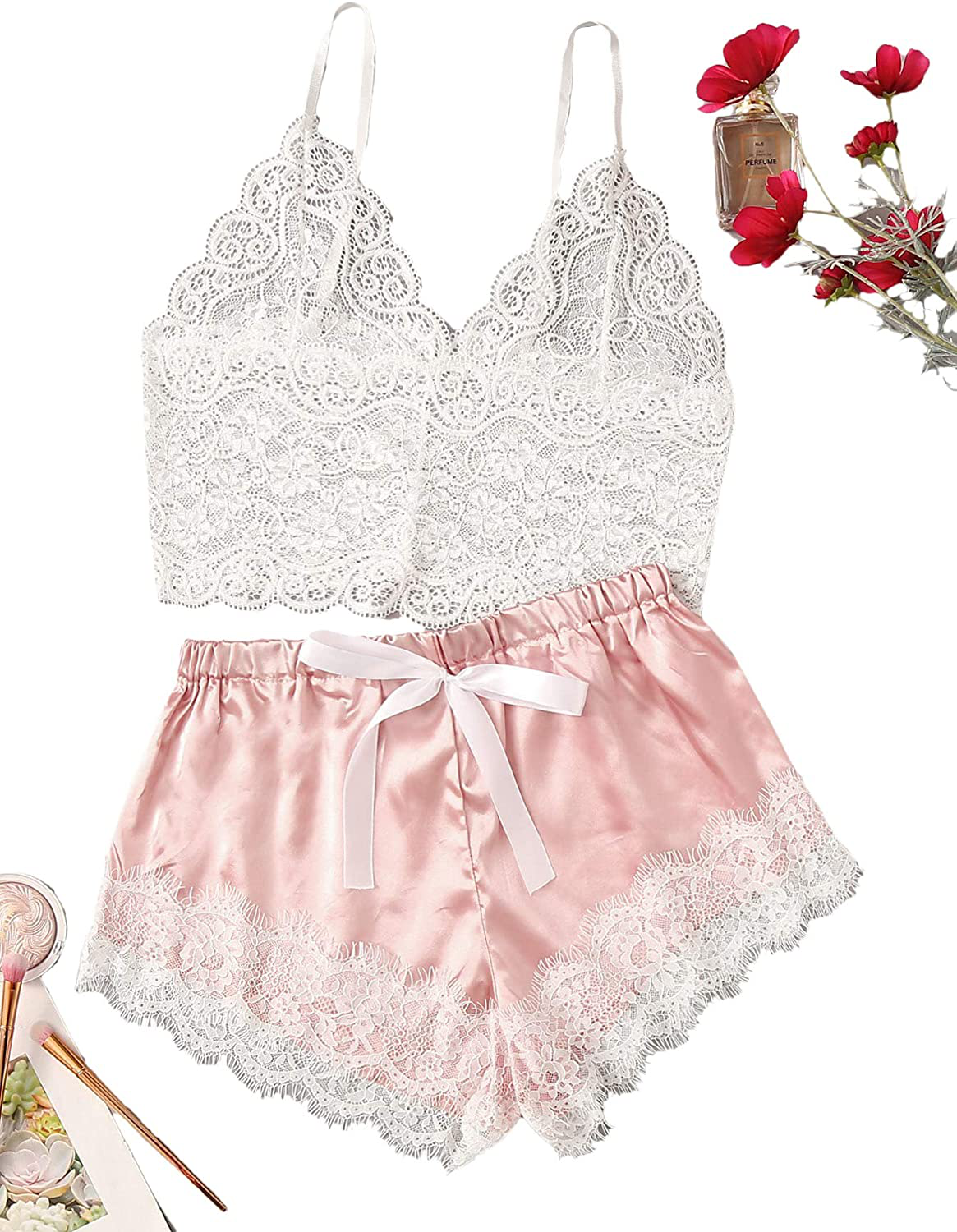 WDIRARA Women'S 2Pcs Sexy Floral Lace Cami Top with Shorts Sleepwear Pajama Set Apparel & Accessories > Clothing > Sleepwear & Loungewear Kylie Max