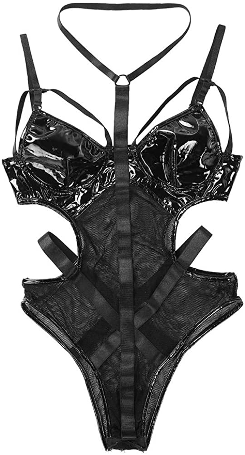 Crubelon Women’s Lingerie Leather Bodysuit Mesh Patchwork Halter Neck High Cut Leotard Bodysuit Clubwear … Apparel & Accessories > Clothing > Underwear & Socks > Lingerie Crubelon
