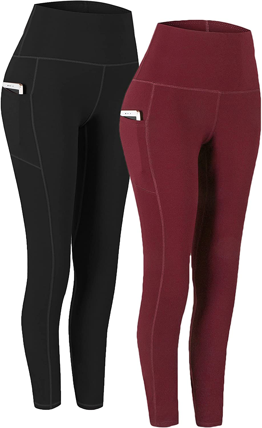 Fengbay 2 Pack High Waist Yoga Pants, Pocket Yoga Pants Tummy Control Workout Running 4 Way Stretch Yoga Leggings Apparel & Accessories > Clothing > Activewear Fengbay Black & Wine Red Large