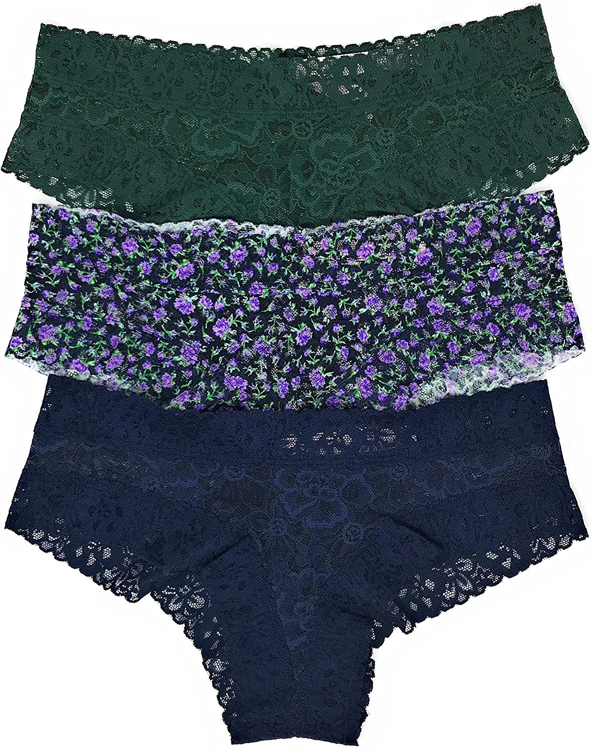 Victoria'S Secret the Lacie Cheeky Panty Set of 3 Apparel & Accessories > Clothing > Underwear & Socks > Underwear Victoria's Secret Emerald / Purple Mini Floral / Navy X-Large