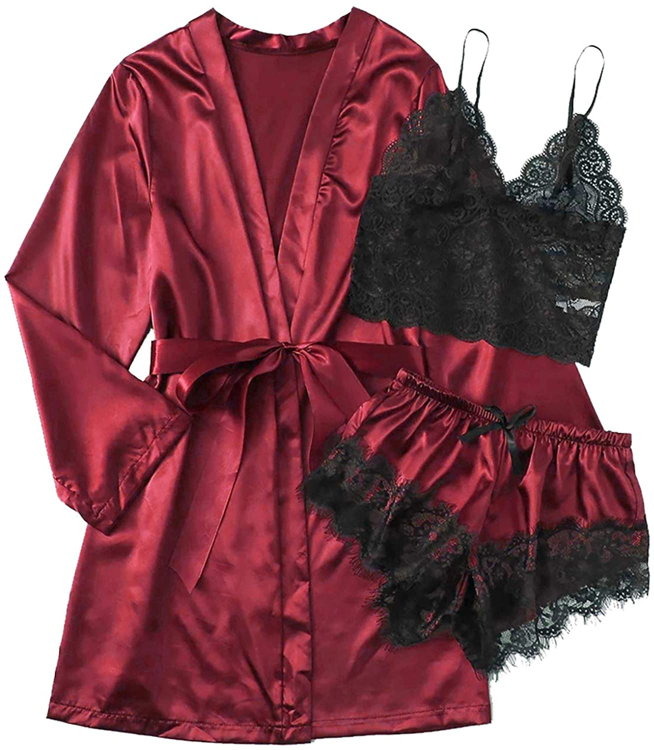 TAKOYI Women'S Sexy Lace 3 Piece Satin Robe and Pajama Set Cami Top Lingerie with Robe Camisole Shorts Apparel & Accessories > Clothing > Sleepwear & Loungewear Kylie Max