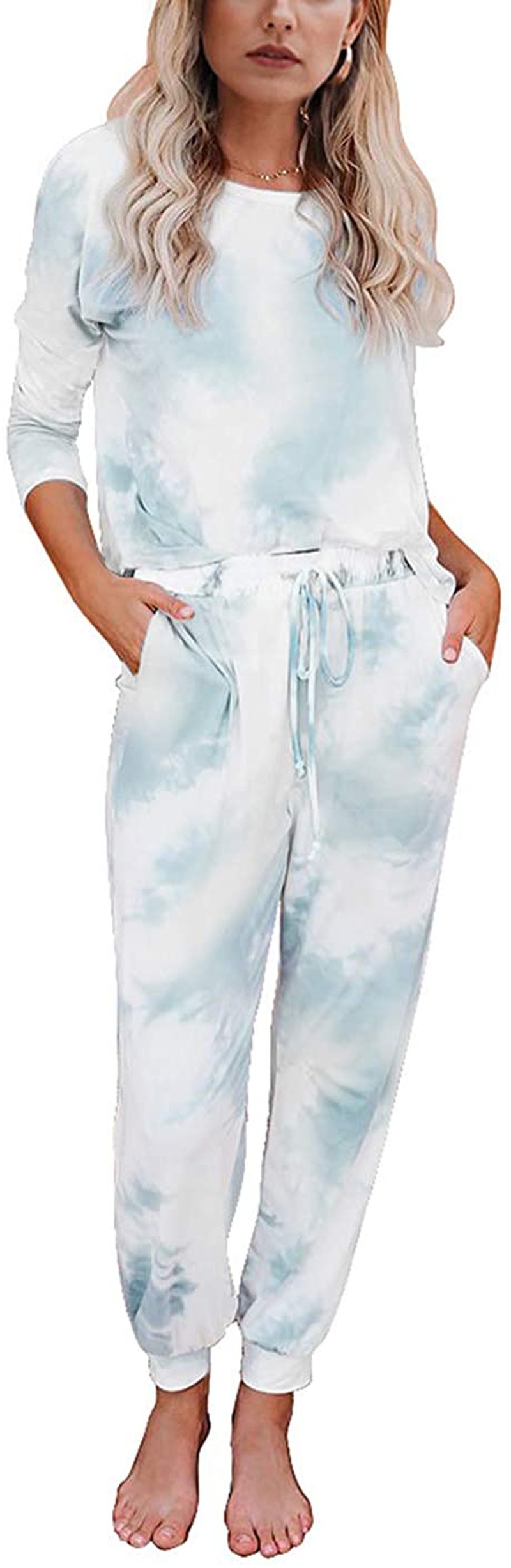 KIRUNDO Women’s Tie Dye Pajamas Set Long Sleeves Jogger PJ Sets Two Pieces Round Neck Loungewear Nightwear Sleepwear Apparel & Accessories > Clothing > Sleepwear & Loungewear > Pajamas KIRUNDO Lake Blue Small