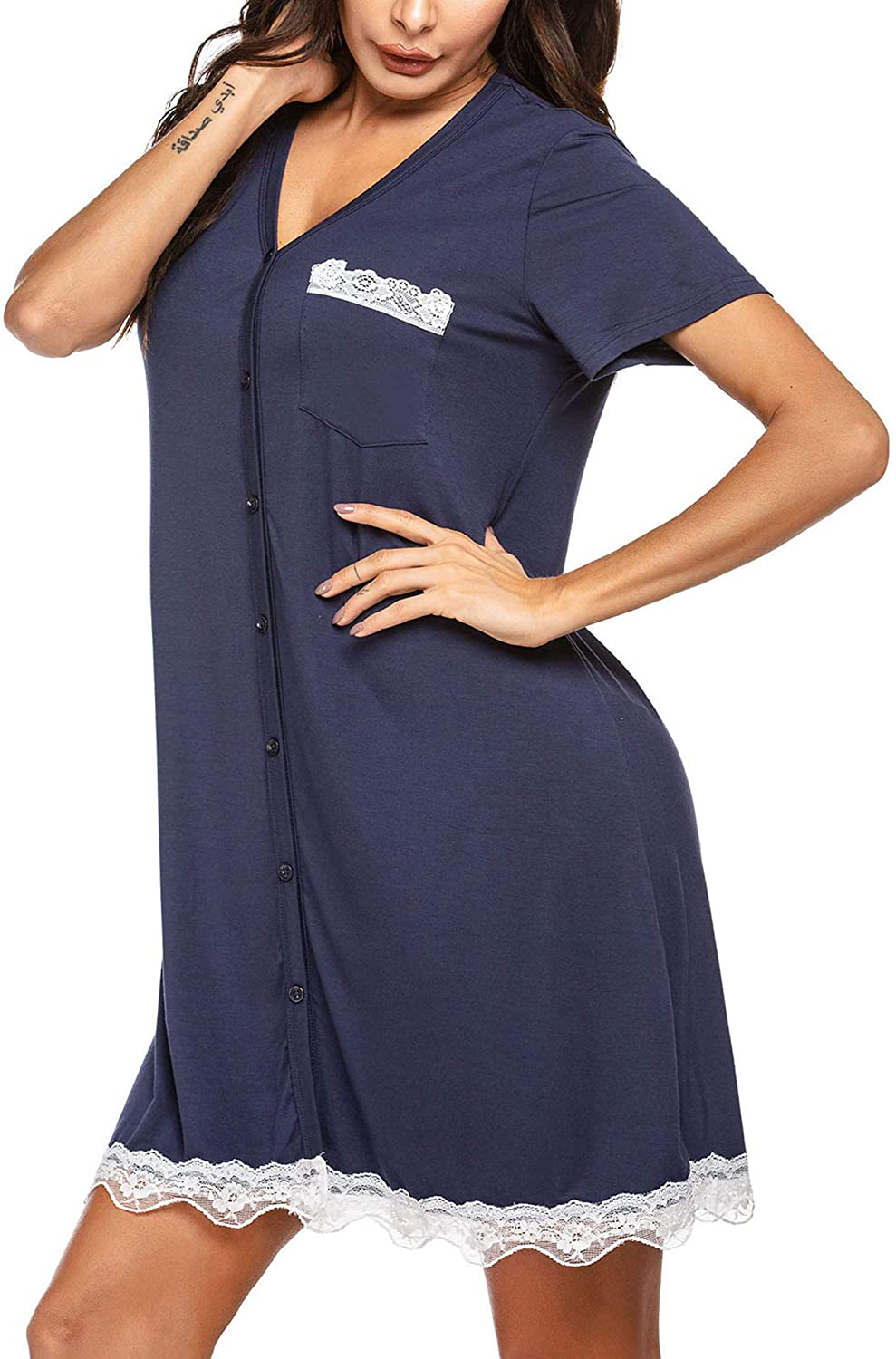 Ekouaer Women'S Nightgown Striped Tee Short Sleeve Cotton Sleep Nightshirt Button down Pajama Dress S-XXXL Apparel & Accessories > Clothing > Sleepwear & Loungewear > Nightgowns Kylie Max