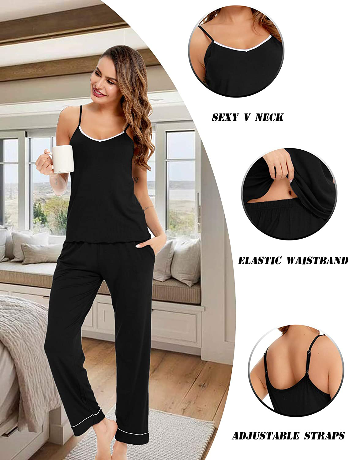 SWOMOG Women'S Pajama V-Neck Cami Pajama Set Two Piece Sleepwear Spaghetti Strap Sleeveless Nightwear Apparel & Accessories > Clothing > Sleepwear & Loungewear Kylie Max