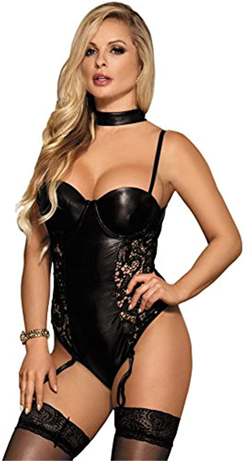 ohyeah Faux Leather Lingerie Bodysuit for Women Plus Size Teddy Lingerie Set with Garter Belt Leotard Nightwear Apparel & Accessories > Clothing > Underwear & Socks > Lingerie ohyeah Black 5X-Large (fits like US 16-18)
