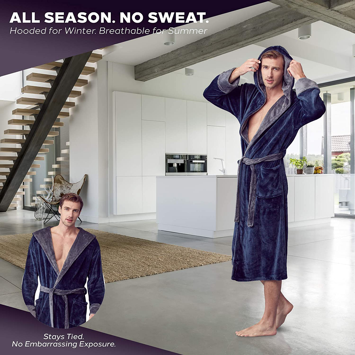 LOTUS LINEN Mens Plush Robe, Soft Hooded Long Robes for Men, Luxury Mens Bathrobes Apparel & Accessories > Clothing > Sleepwear & Loungewear > Robes Kylie Max