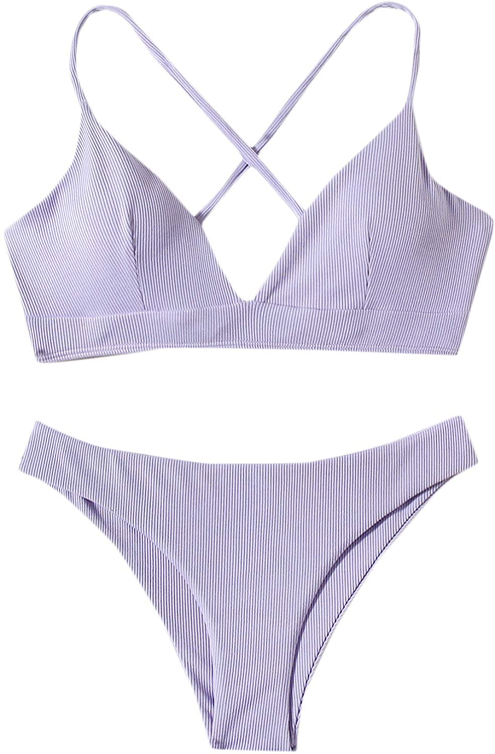 SweatyRocks Women's Bathing Suits Spaghetti Strap Criss Cross Back Bikini Ribbed Swimsuit Apparel & Accessories > Clothing > Swimwear SweatyRocks Lilac Purple X-Small