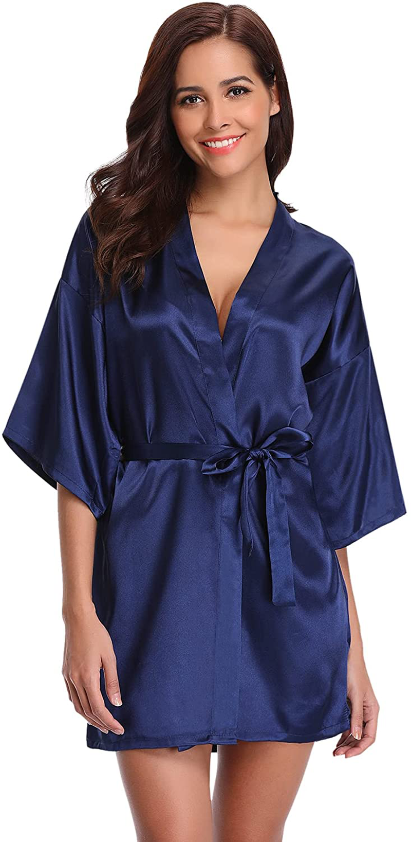 Litherday Women'S Kimono Robe Silk Bathrobe Sleepwear Short Satin Robes for Bridal Bridesmaids Dressing Gown Apparel & Accessories > Clothing > Sleepwear & Loungewear > Robes Litherday Dark Blue Small
