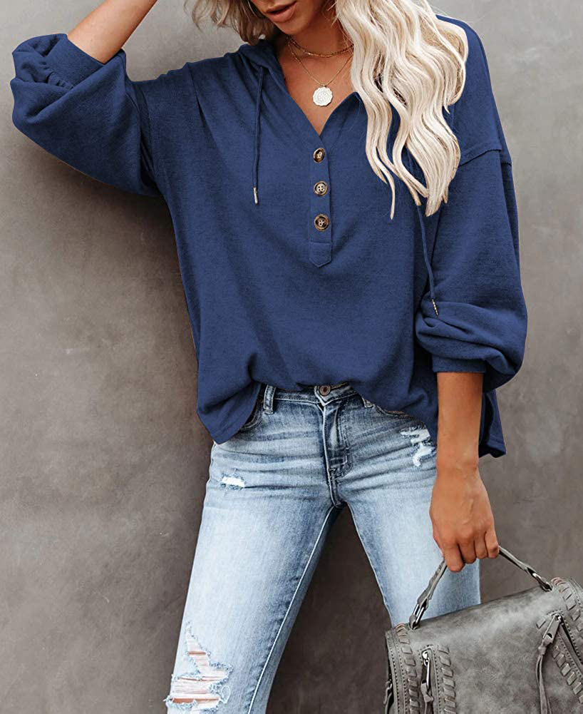 REVETRO Womens V Neck Long Sleeve Henley Shirts Button down Sweatshirts Hoodies Tunic Tops with Drawstring Apparel & Accessories > Clothing > Activewear Kylie Max