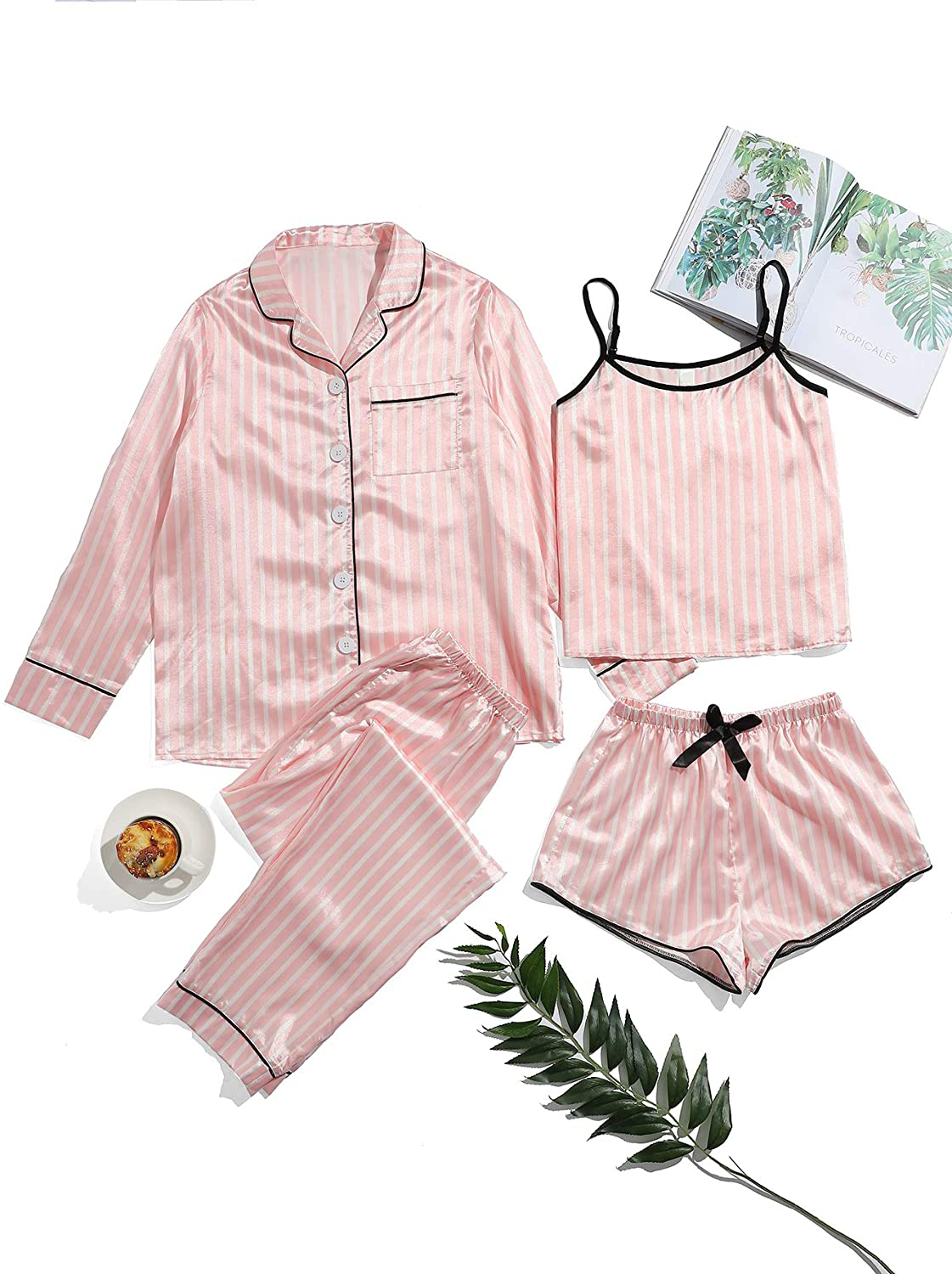 WDIRARA Women'S Silk Satin Pajama Set 4 Pieces Sleepwear Loungewear Pj Sets Apparel & Accessories > Clothing > Sleepwear & Loungewear Kylie Max