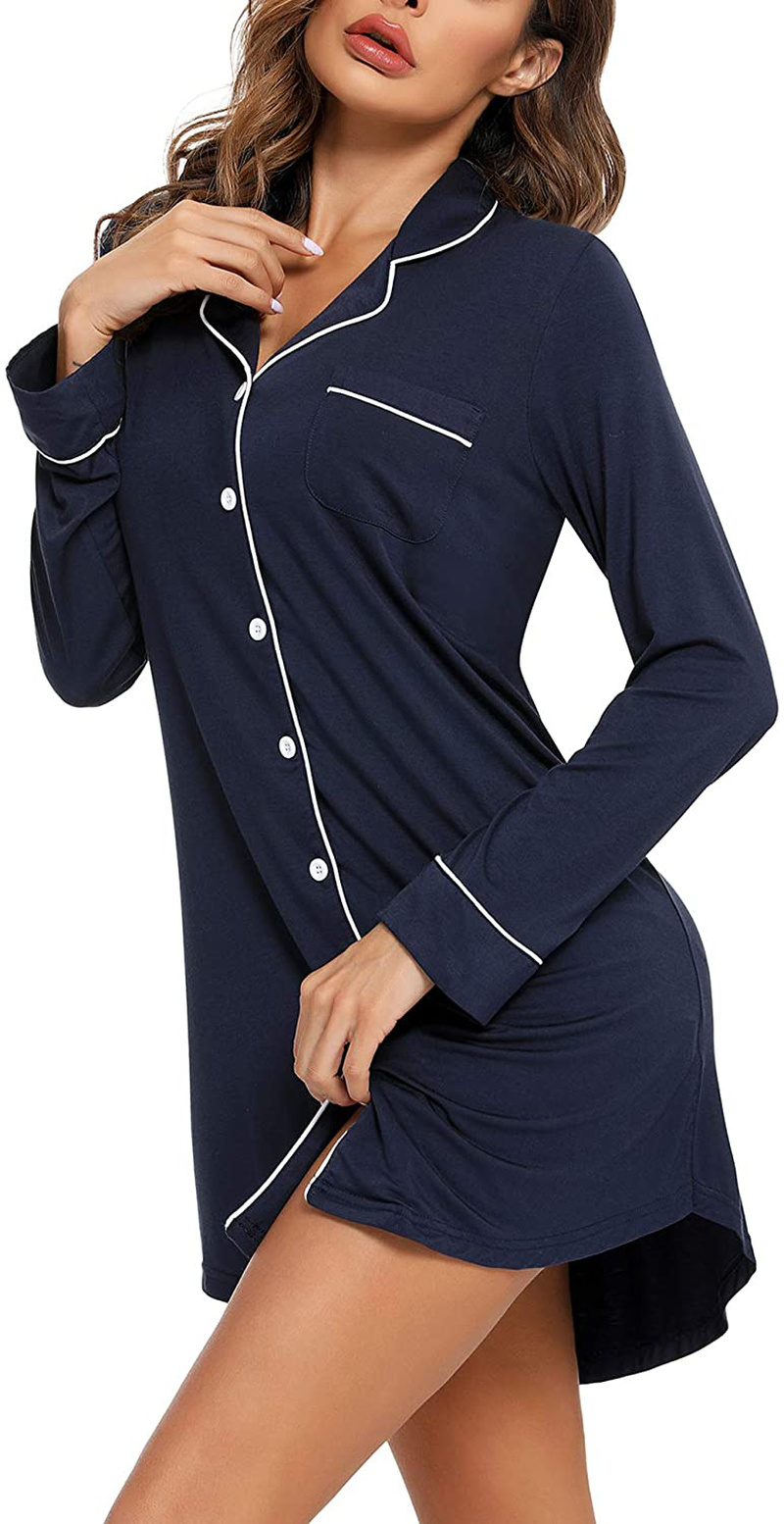 Samring Nightgown for Women Sleep Shirt Short Long Sleeve Sleepwear Boyfriend Nightshirt Button down Pajama Dress S-XXL Apparel & Accessories > Clothing > Sleepwear & Loungewear > Nightgowns Kylie Max