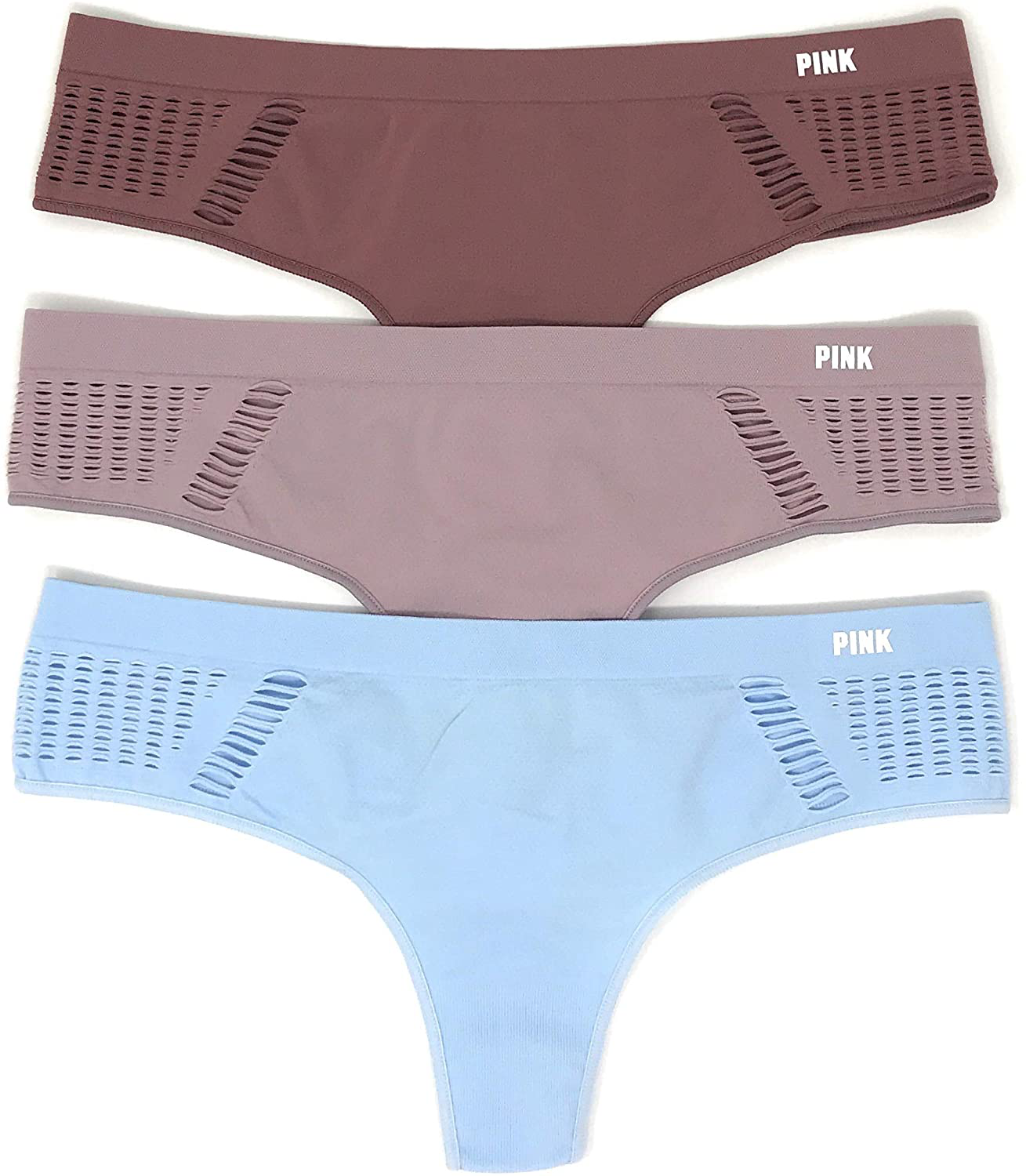 Victoria's Secret PINK Thong Panty Set of 3 Apparel & Accessories > Clothing > Underwear & Socks > Underwear Victoria's Secret Cocoa Macrame / Sky Macrame / Mauve Macrame Small