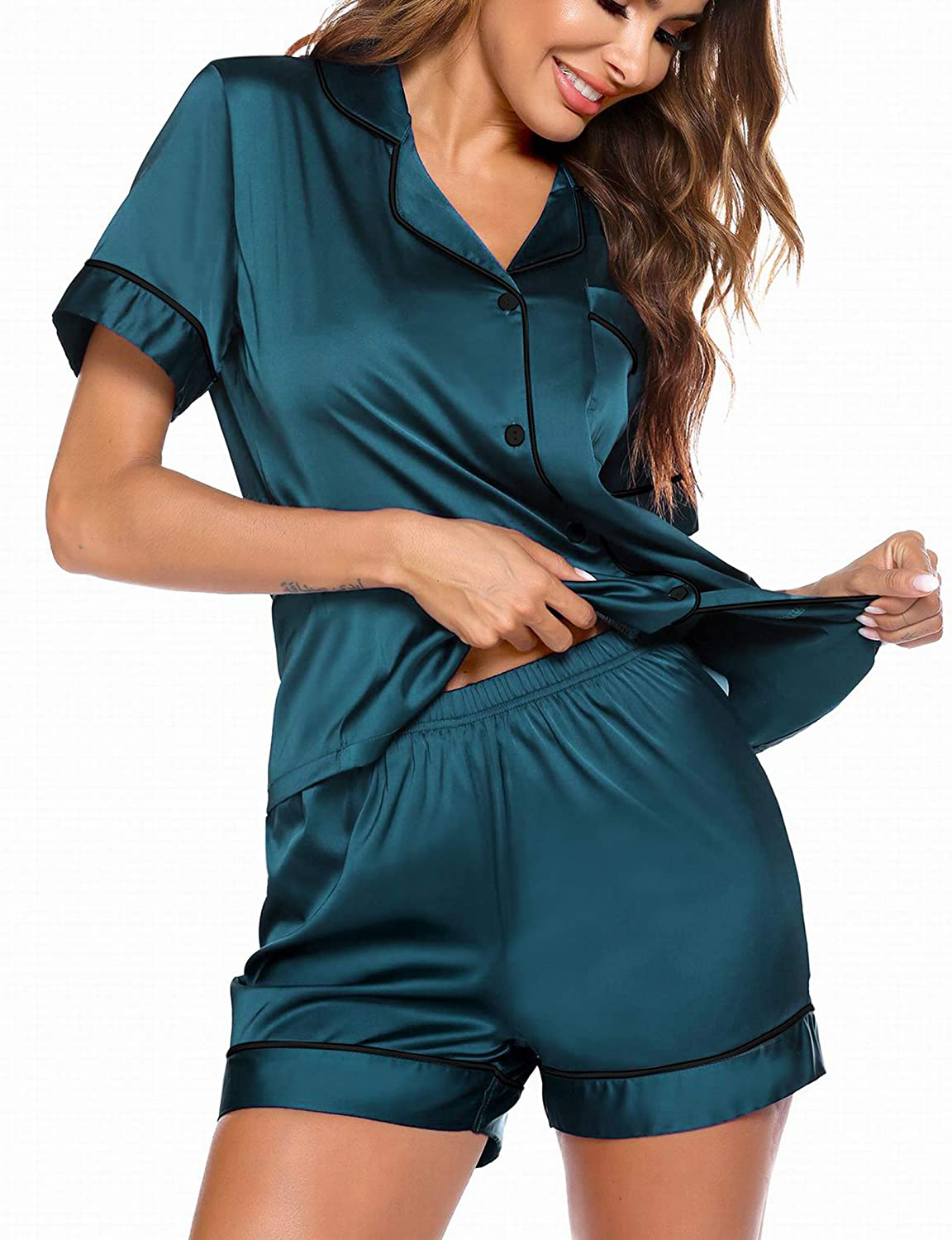 Ekouaer Satin Pajamas Women'S Short Sleeve Sleepwear Soft Silk Button down Loungewear Pjs Shorts Set S-XXL Apparel & Accessories > Clothing > Sleepwear & Loungewear Kylie Max