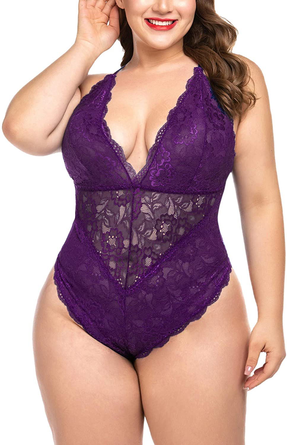 ELOVER Lingerie for Women Plus Size Lace Teddy Lingerie Bodysuit One Piece Babydoll Apparel & Accessories > Clothing > Underwear & Socks > Lingerie ELOVER Snap Crotch Bodysuit-purple Large